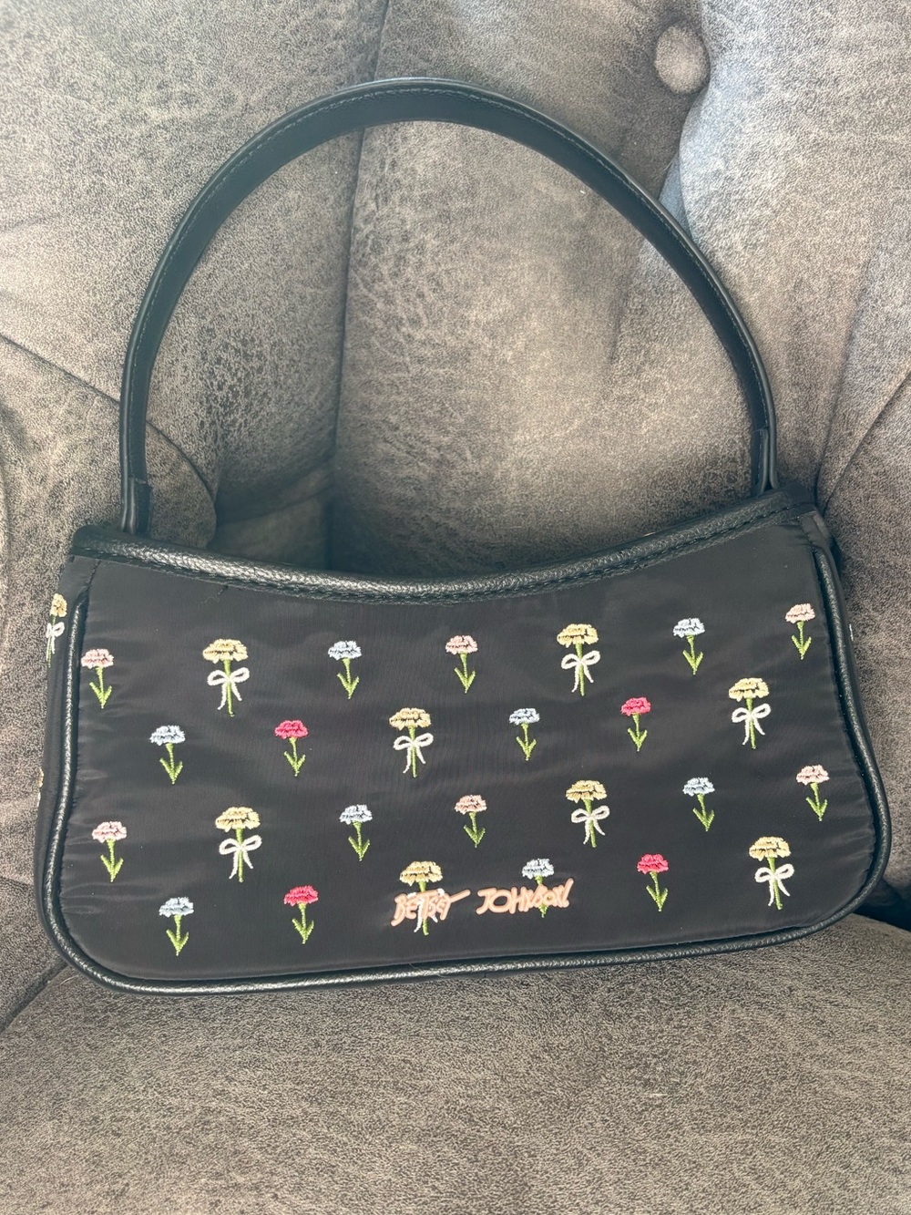 Betsey Johnson Black Shoulder Bag with Multicolor Floral Embroidery
